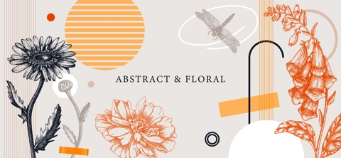 Collage style summer flowers vector illustration. Hand-sketched floral banner. Trendy design with botanical, geometric shapes, and abstract elements. For print, poster, card, social media, wall art.